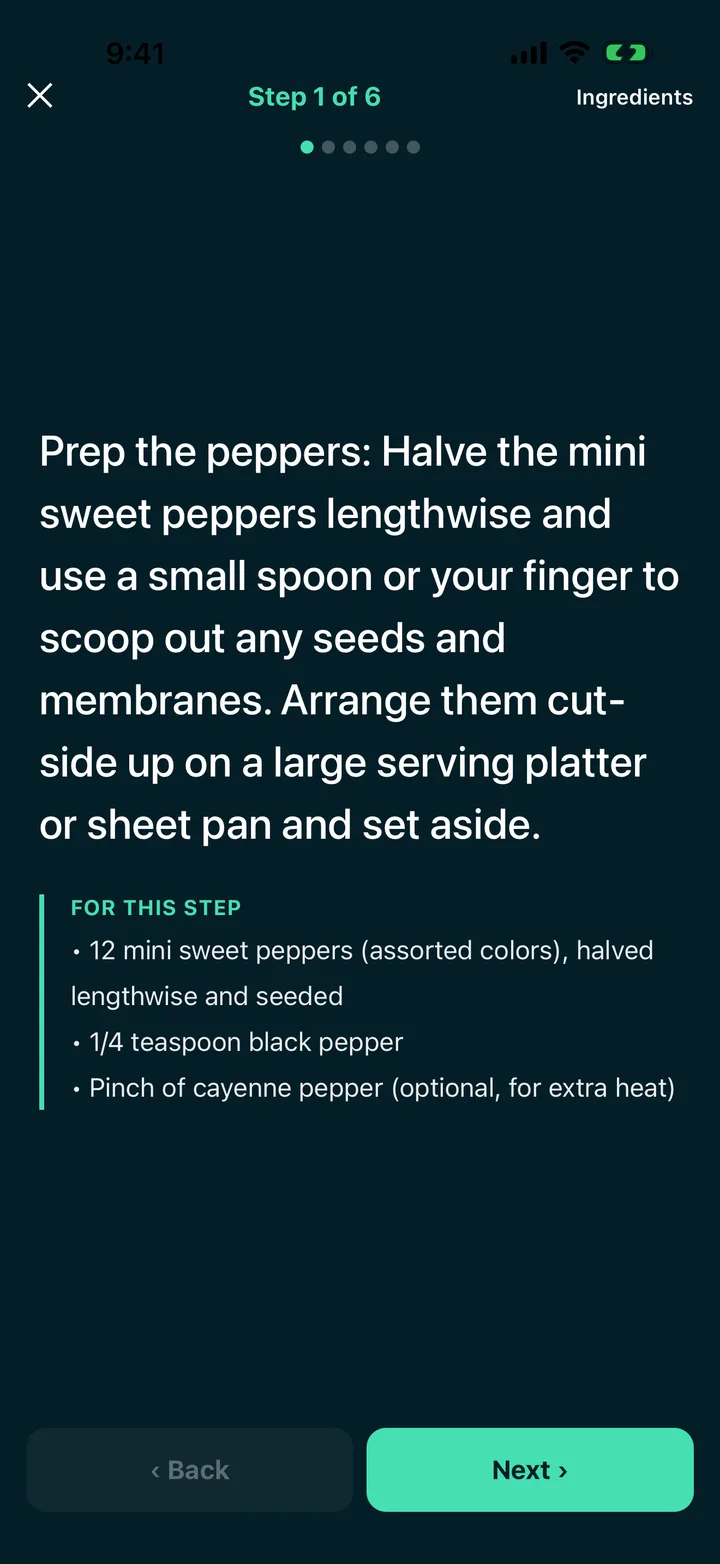 Cook mode, showing one step at a time in large type