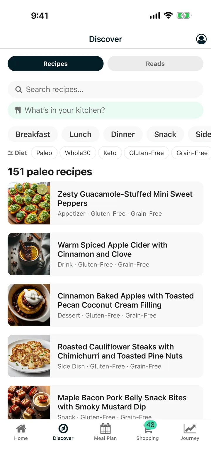 The discover screen, browsing recipes by category