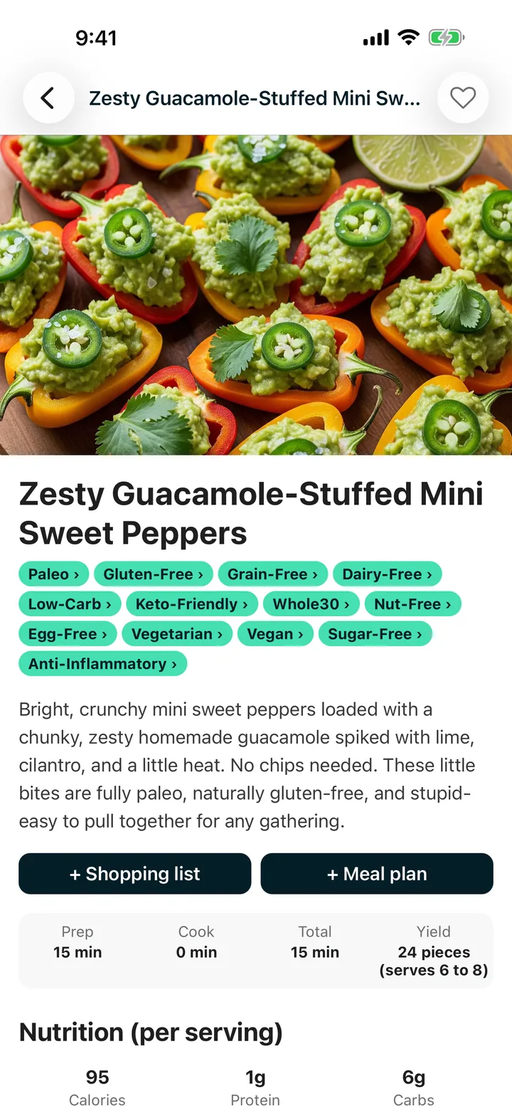 A recipe screen with ingredients, method and nutrition